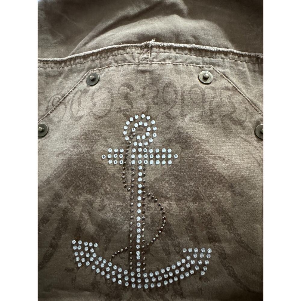 Distressed Brown Green Utility Vest Studded Anchor Graphic Moto Y2K Size S NWOT - Picture 3 of 7